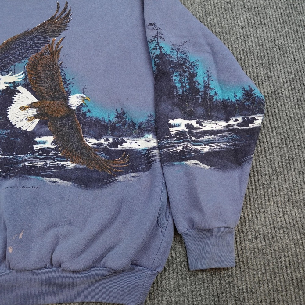 Vintage Bald Eagle Wrap Around Sweatshirt Mens Large Blue Fleece AOP - Picture 2 of 12